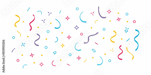 Colorful confetti and streamers scattered across a bright white background