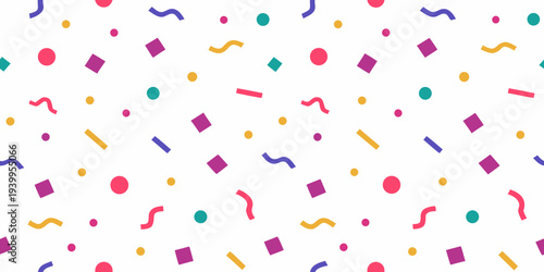 Colorful confetti pattern scattered across a clean white background