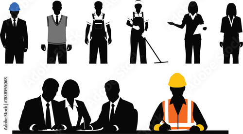 Silhouette vector illustration of diverse professions, office workers, construction, cleaner, business meeting at table, teamwork, minimal design, occupational artwork