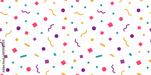 Colorful confetti pattern scattered across a bright white background