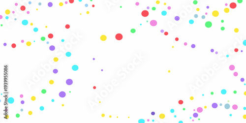 Colorful polka dots scattered across a bright clean white background