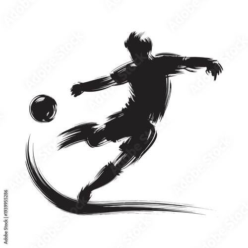 Dynamic soccer player illustration in black brushstrokes kicking a ball with intensity