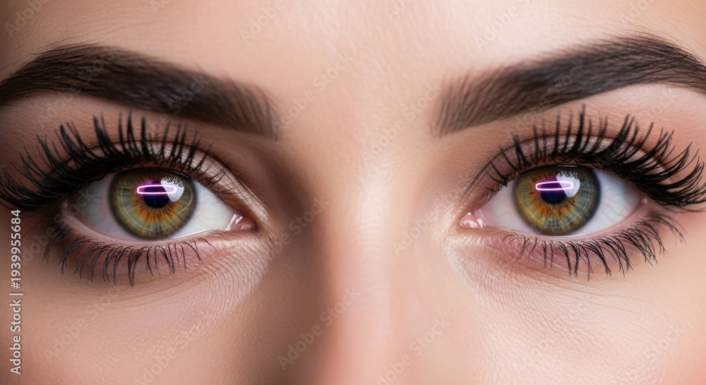 Fototapeta premium Close-up of beautiful female eyes with long dark eyelashes and perfectly shaped eyebrows, showcasing vibrant green irises and subtle makeup for beauty and cosmetic themes