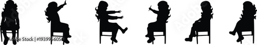 Black silhouette set of a little girl sitting in a chair in various poses including waving, reaching, and resting isolated on white background vector