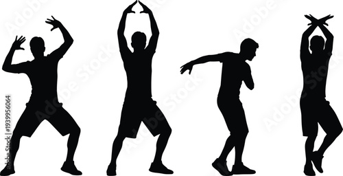 Black silhouette set of a young man dancing or cheering in energetic poses with arms raised and crossed isolated on white background vector
