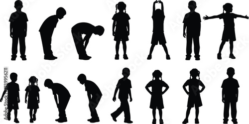 Silhouette vector illustration of fourteen children in rows, standing and moving poses, boys and girls, ponytails, minimal design, childhood activity artwork