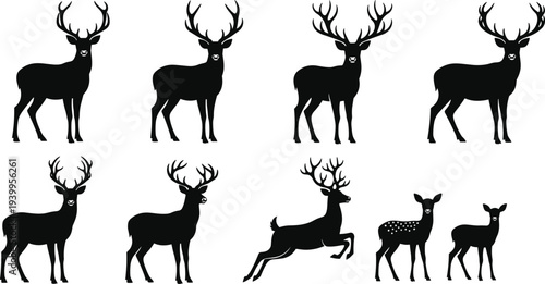 Silhouette vector illustration of nine deer in various poses, antlered stags, leaping deer, fawn with spots, minimal design, wildlife artwork