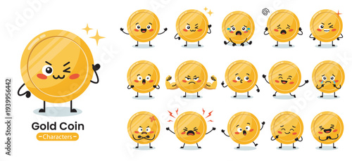 Gold Coin mascot set with various expressions and poses. Economic characters as symbols of saving, wealth, success.