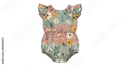 Vector floral baby romper with ruffles