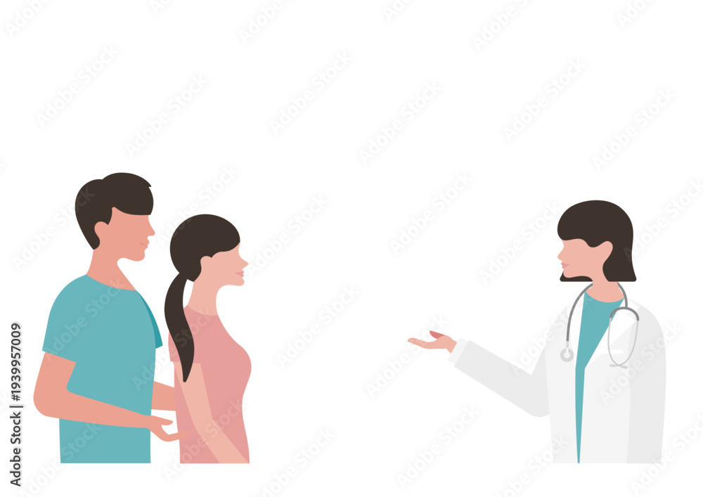 Fototapeta premium 薬の説明をする女医と若い夫婦のベクターイラスト素材