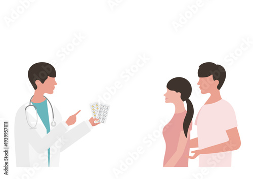 薬の説明をする医師と若い夫婦のベクターイラスト素材
