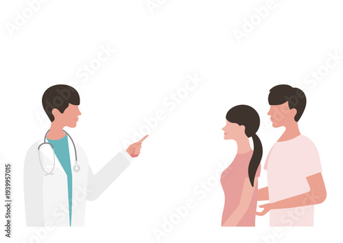 指差し説明をする医師と若い夫婦のベクターイラスト素材