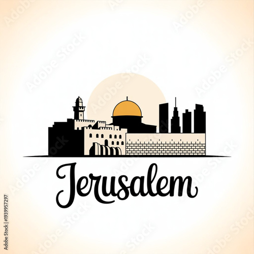 Fotografie Jerusalem Israel Skyline Silhouette — Historic Holy City Landmarks Vector Illust