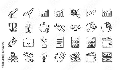 Corporate finance outline icon set with investment growth and agreement symbols