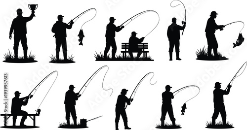 Silhouette vector illustration of ten people fishing, rods, caught fish, seated and standing poses, trophy achievement, minimal design, recreational artwork