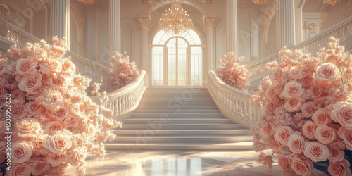 Luxury Palace Interior. Wide marble staircase decorated with pink rose flowers in a wedding interior	