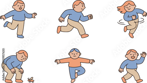 Happy Character Poses and Outdoor Activity Illustration
