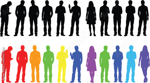 Silhouette vector illustration of twelve human figures in two rows, black and rainbow colors, diverse poses, individuality, minimal design, creative artwork