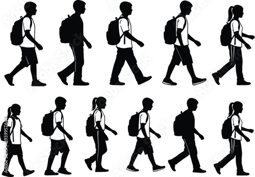 Silhouette vector illustration of ten students walking with backpacks, side profile figures, diverse clothing styles, minimal design, educational commute artwork