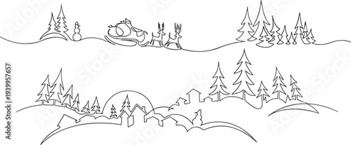 Santa sleigh reindeer winter village landscape holiday flat vector