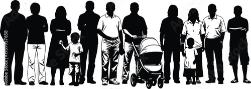 Silhouette vector illustration of twelve people in line, adults, children, stroller, diverse ages, minimal design, community group artwork