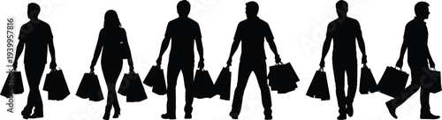 Silhouetted men and women walking with multiple shopping bags, consumerism concept, retail lifestyle, fashion spree, urban shoppers illustration
