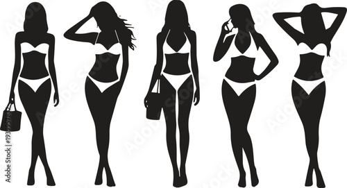 Flat vector female bikini silhouettes fashion poses bags phone minimal design