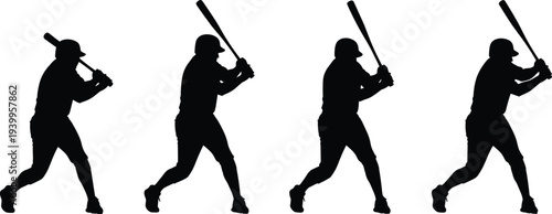 Silhouettes of baseball player batting stance, swinging sequence, sports training illustration, dynamic motion poses, athletic vector art for baseball technique