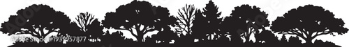 Panoramic forest tree silhouettes, black woodline landscape vector illustration on white background