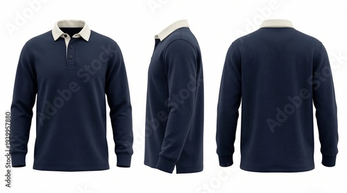 Navy blue rugby shirt isolated on white background, various views.