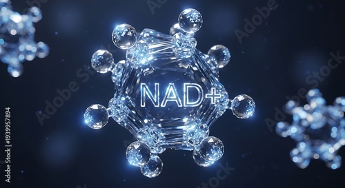 Abstract 3d render of nad+ molecule with transparent sphere texture