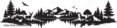 Mountain Forest Silhouette Landscape with Lake Reflection and Wildlife Animals