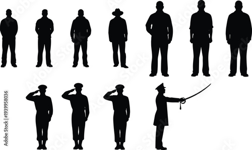 Silhouettes of civilians and military personnel, vector illustration of authority contrast, command structure, social roles and discipline design concept