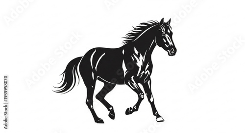 Black horse silhouette running freely on white background with flowing mane and tail