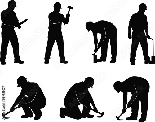 Silhouettes of construction workers using tools, diverse poses showing manual labor, industrial tasks, hammering, wrenching, inspecting, occupational illustration vector design
