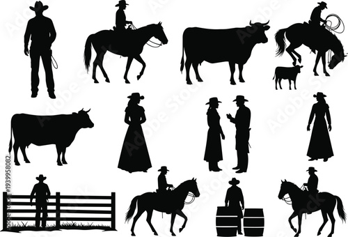 Silhouettes of cowboys and cowgirls with horses, cattle, lasso, rural western lifestyle, traditional attire, livestock, cultural illustration vector design