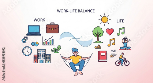 Work life balance concept with a person relaxing in a hammock surrounded by work and life symbols