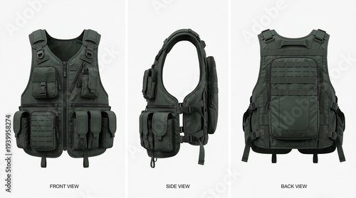 Tactical vest isolated on white background with front, side, and back views.
