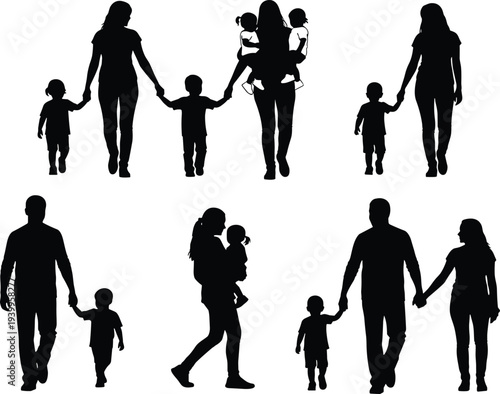 Silhouettes of family groupings, parents with children, holding hands, walking together, diverse family dynamics illustration, human relationship vector art