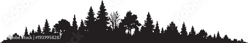 Black forest treeline silhouette isolated on white background, coniferous and deciduous wood panorama vector