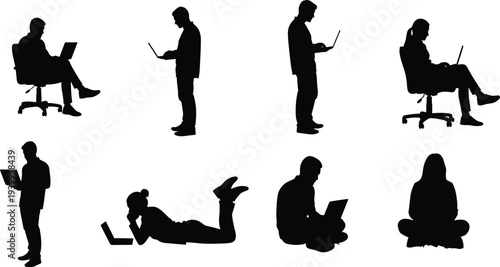 Silhouettes of people using laptops in various postures, sitting, standing, lying, cross-legged, casual and ergonomic positions illustration vector