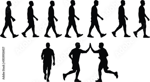 Silhouettes of people walking cycle, interaction poses, high-five gesture, human motion sequence illustration, biomechanics vector art design