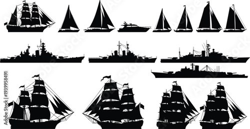 Silhouettes of ships and boats, sailboats, motorboat, battleships, tall ships, galleons, maritime vessels illustration, nautical vector art design