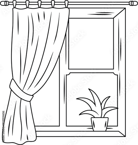 Minimalist window interior vector illustration, flat design continuous line drawing home decor