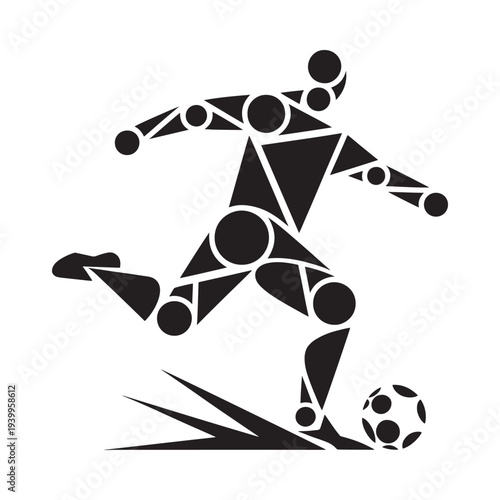 Abstract depiction of a soccer player kicking a ball in a geometric style