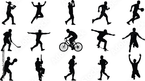 Sports silhouettes collection featuring athletes in diverse activities including baseball, basketball, football, cycling, boxing, skiing, skateboarding, and running
