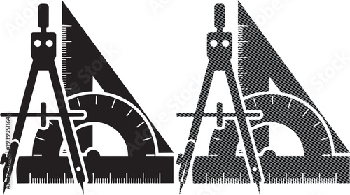 Classic drafting compasses and protractor set on a geometric background with lettering