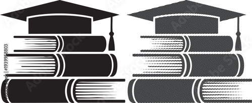 Graduation caps resting on stacks of books symbolizing academic achievement and learning