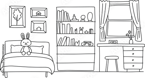 Minimalist bedroom interior vector illustration, flat design continuous line drawing cozy decor