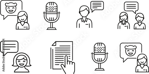 A collection of line drawings depicting people speaking and microphones